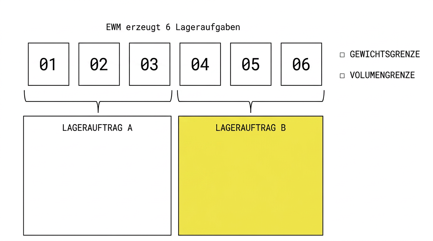 Aufteilung von sechs Lageraufgaben in zwei Lageraufträge nach Gewicht und Volumen