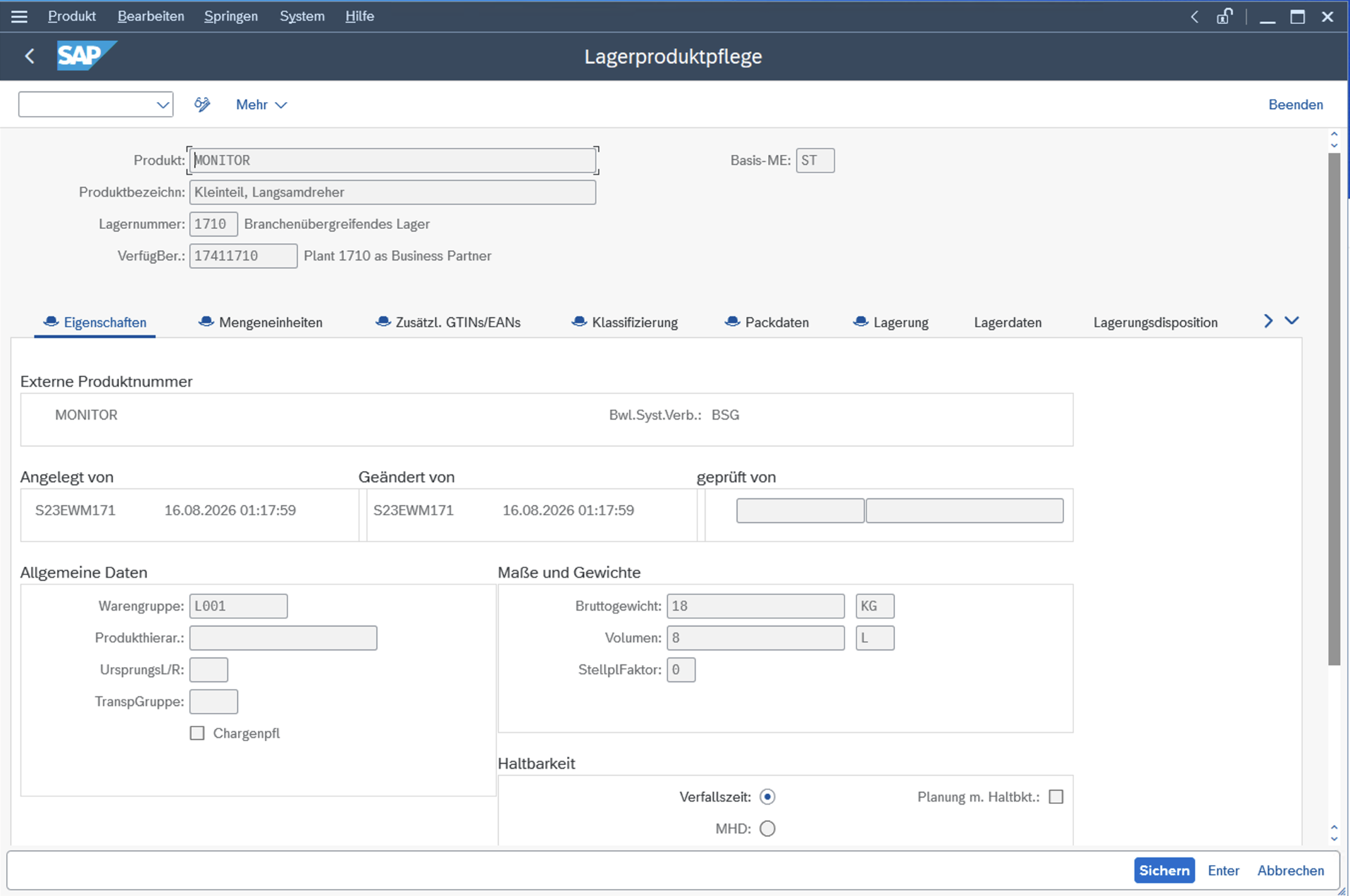 Lagerproduktpflege mit Registern Eigenschaften, Packdaten und Lagerung